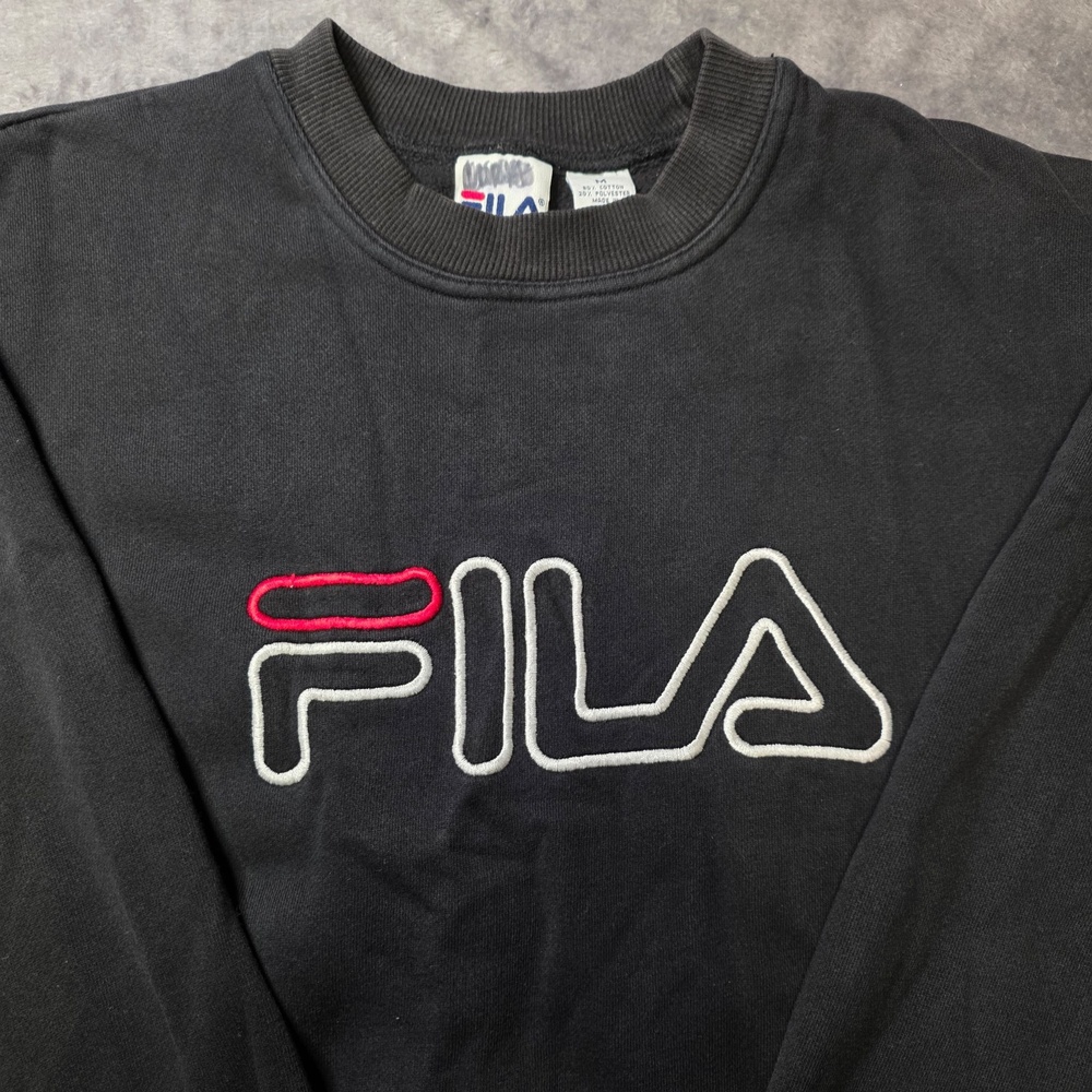 Vintage FILA Sweatshirt Mens Medium Black Embroidered Logo Fleece Crewneck